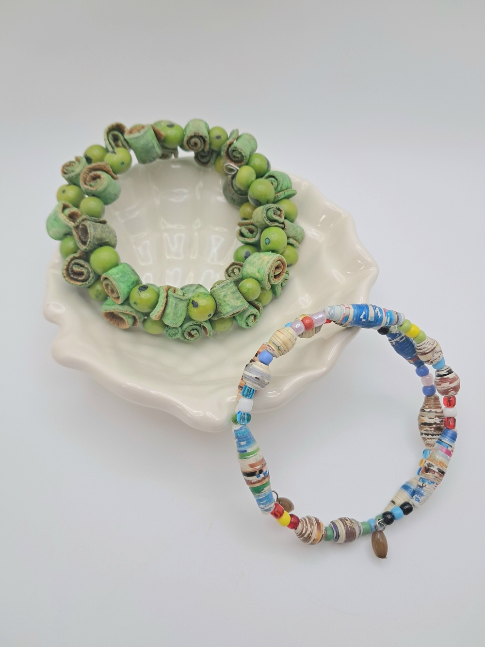 African Handmade Bracelets Green Leather Seed Beads & Paper Bead Memory Wire Set